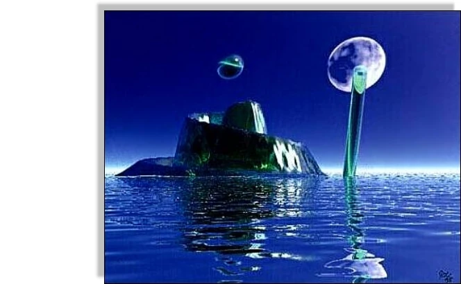 Eine digitale Insel und schwebende Kugeln über blauem Wasser.